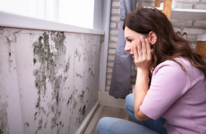 lady staring at mold damage in her home